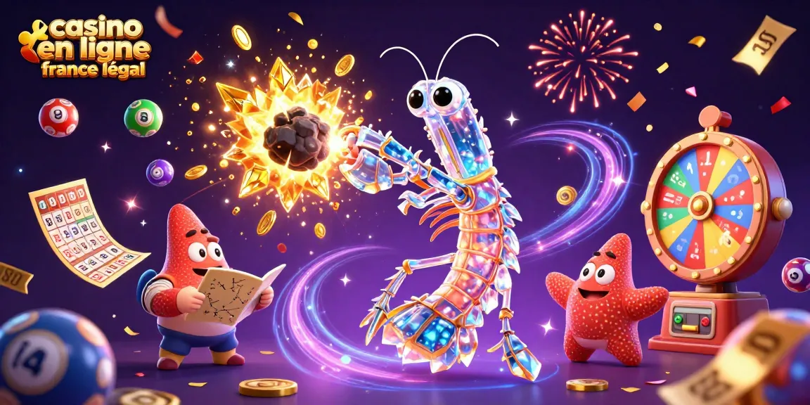 Le samouraï mantis shrimp dans une scène de casino en ligne france légal célèbre des gains avec des boules de loterie colorées.