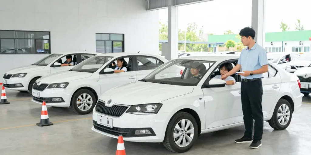 O școală auto Chișinău cu elevi în timpul lecției de conducere pe Skoda Fabia.