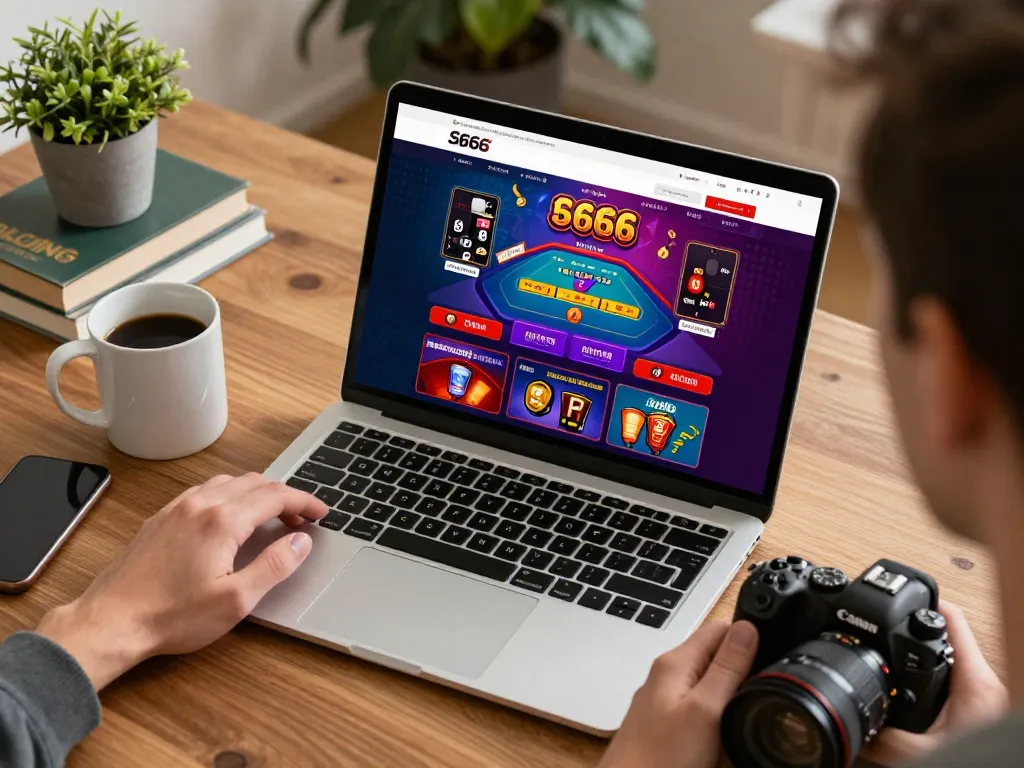 S666 user engaging in online casino gaming from a cozy home, showcasing gameplay and positive atmosphere.
