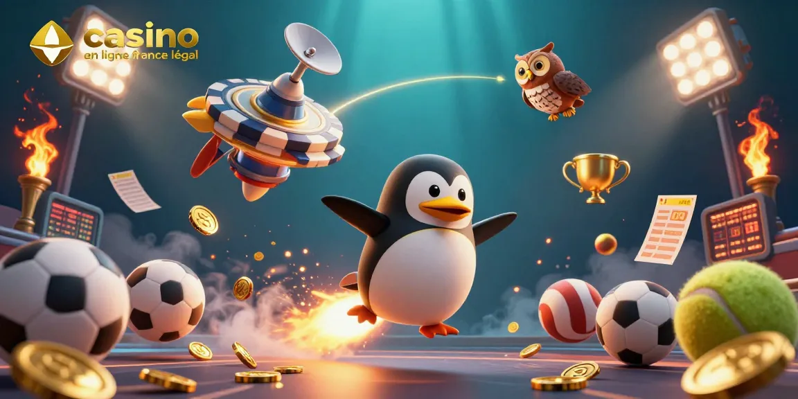 Illustration dynamique d'un casino en ligne France légal avec un pingouin doré propulsé par une fusée.