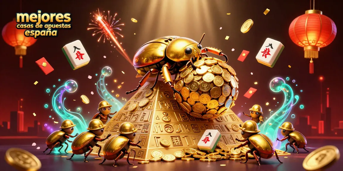 Ilustración 3D de un escarabajo dorado y casas de apuestas, destacando las mejores casas de apuestas España.