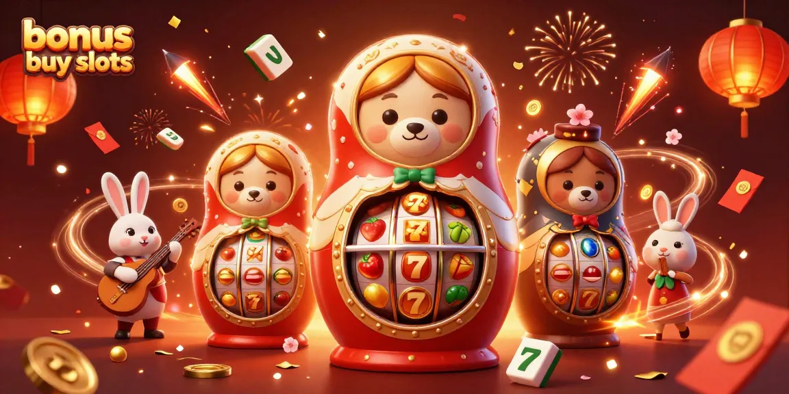Engage with bonus buy slots in a vibrant 3D illustration showcasing dynamic casino elements and festive characters.