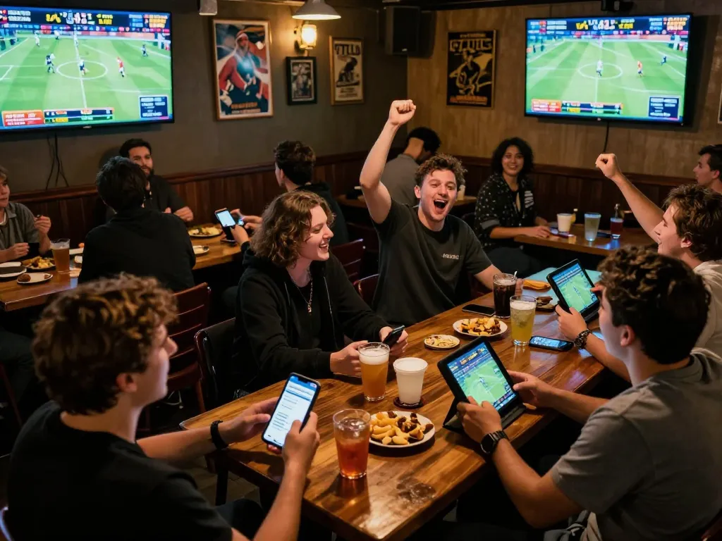 Betting excitement at a sports bar using the oli 4d app during live games.