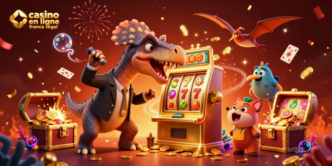 Gagnez au casino en ligne en France légal en observant une illustration dynamique où un pachycéphalosaure interagit avec une machine à sous dorée.
