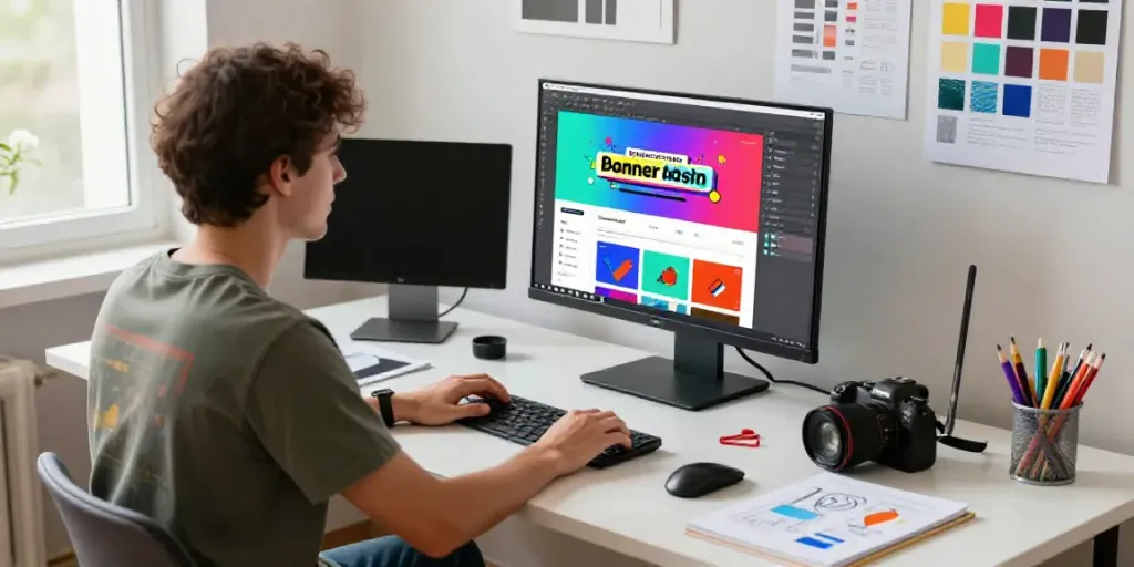 Banner design workspace showcasing the use of an affordable AI banner image generator in a creative studio.