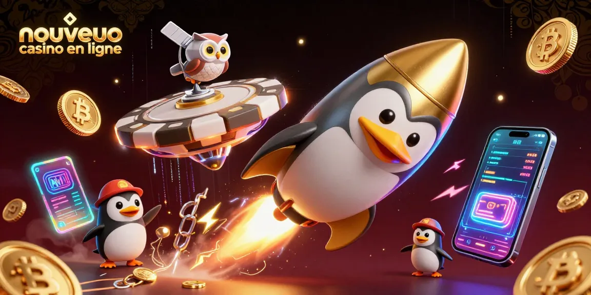 Jouez dans un nouveau casino en ligne avec l'illustration d'un pingouin doré propulsé par une fusée.