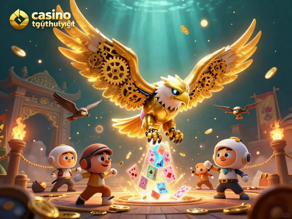 Cảnh tượng casino trực tuyến uy tín nhất với đại bàng vàng và các lá bài holographic bay xung quanh.