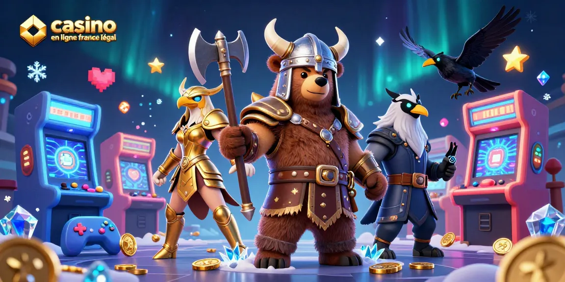 Jouez à des jeux de casino en ligne France légal avec des personnages épiques, un ours viking et une aigle valkyrie.