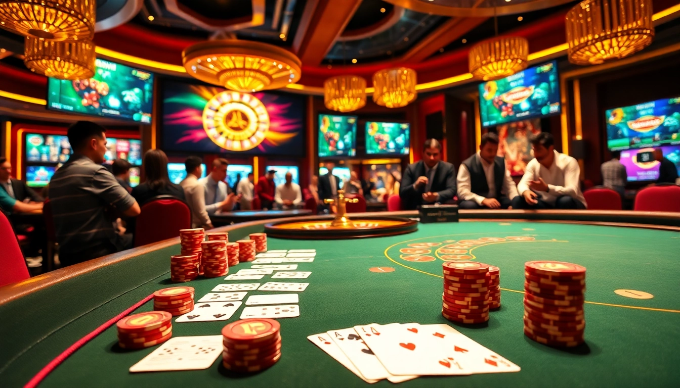 Vivez une expérience de jeu palpitante à une table de poker vibrante de casino en ligne 2026 avec des joueurs et des jetons.