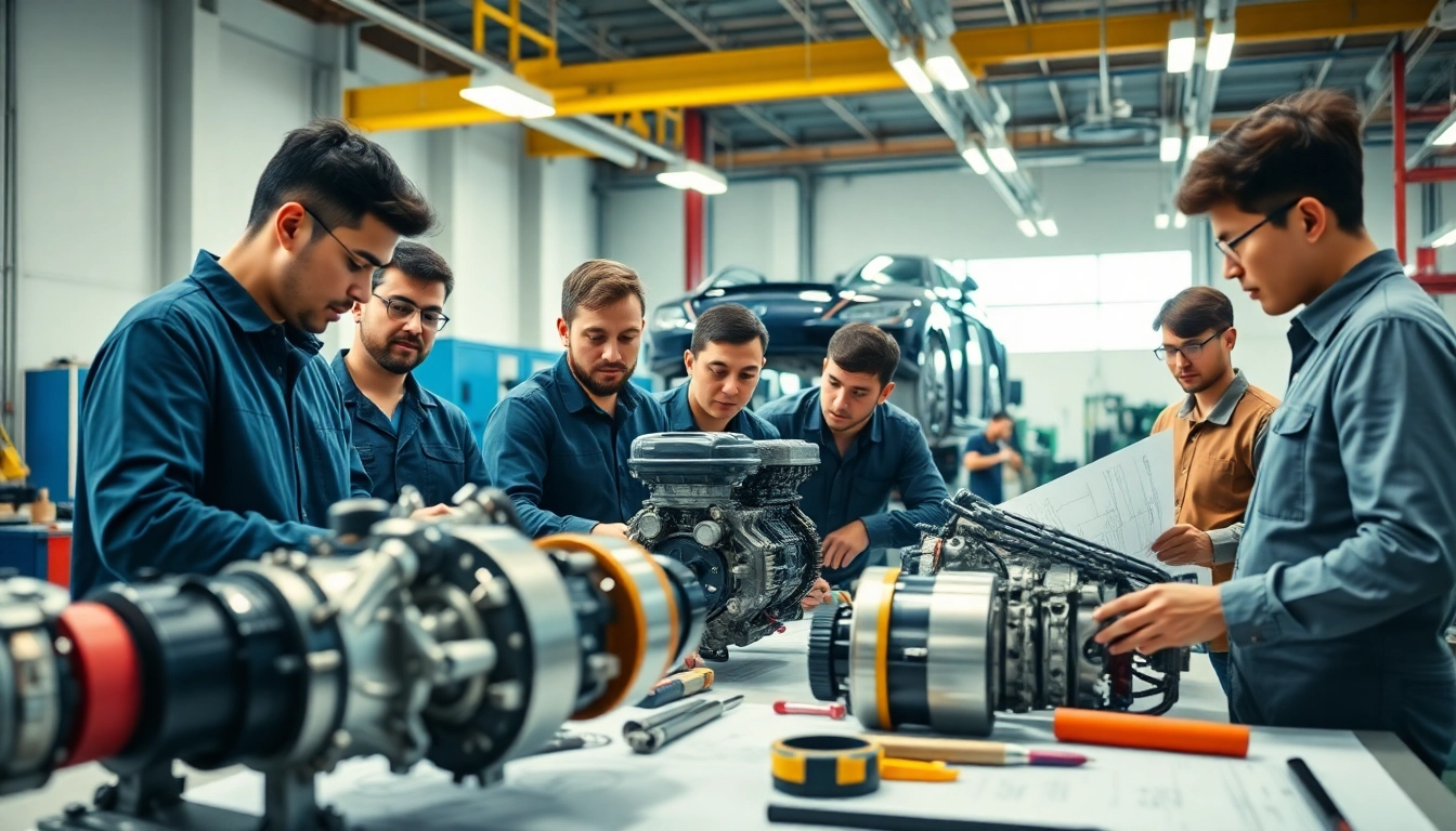Engineers analyzing Approved Engines plans in a modern workshop environment.