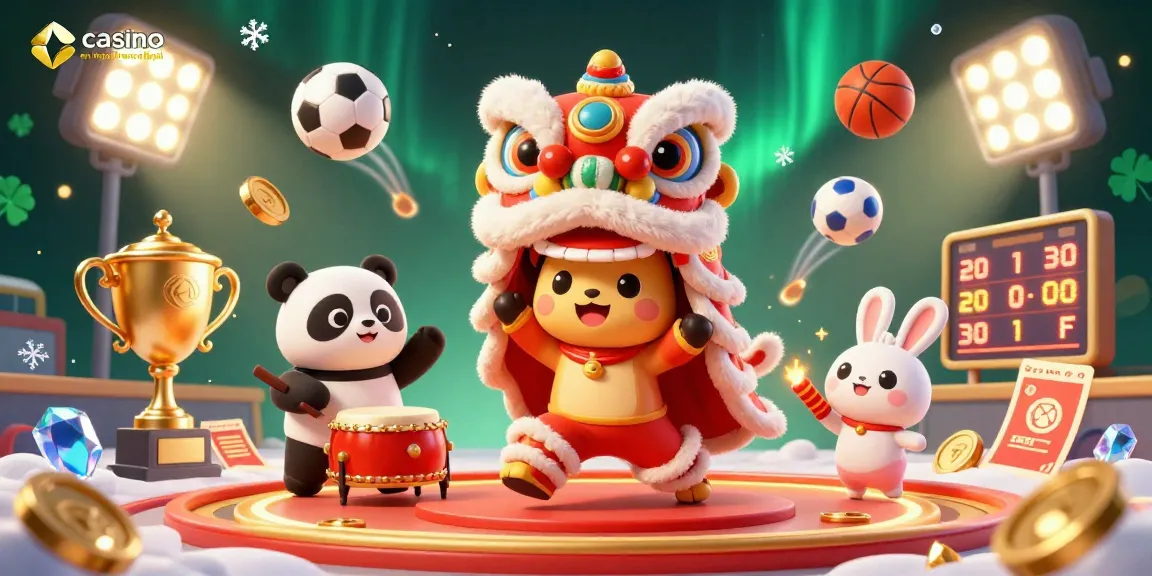 Vivez l'excitation du casino en ligne légal en France avec une danse de lion colorée et des éléments de jeu dynamiques.
