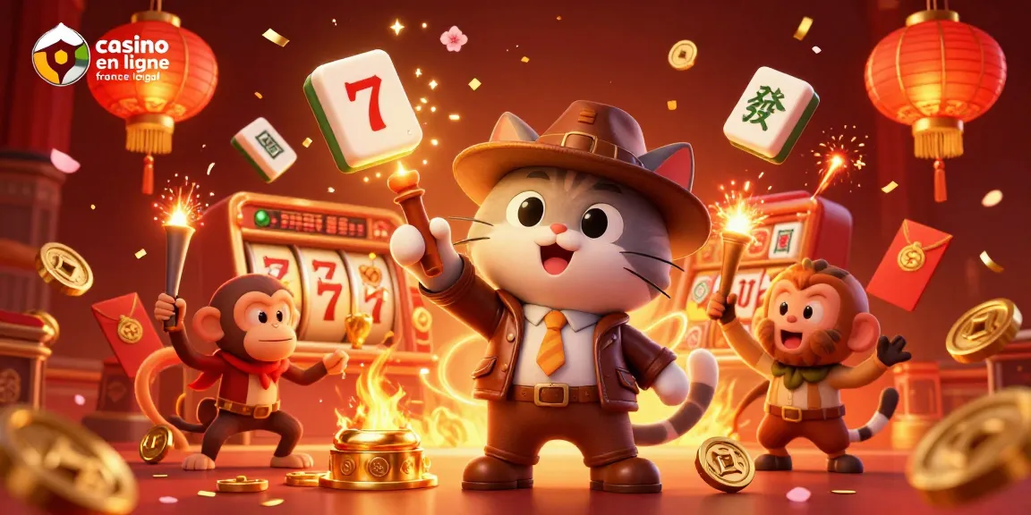 L'illustration 3D montre un chat explorateur découvrant un artefact de casino dans un temple, la célébration de casino en ligne France légal.