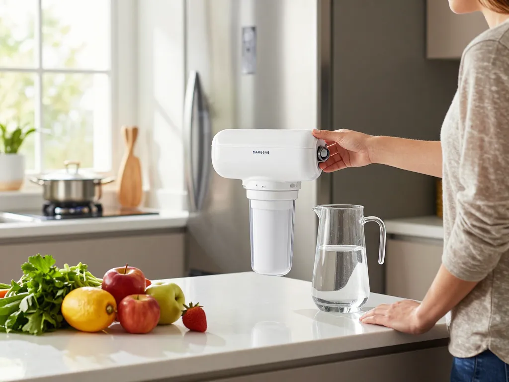 Replacing Waterdrop Replacement for Samsung® DA29-00003G filter in a modern kitchen.