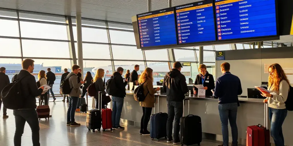 Europaweiter Transport von Dortmund: Reisende am Dortmunder Flughafen vor dem Abflug zu europäischen Zielen.