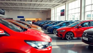 Buy a car in a vibrant showroom filled with new and used vehicles, showcasing an inviting scene.