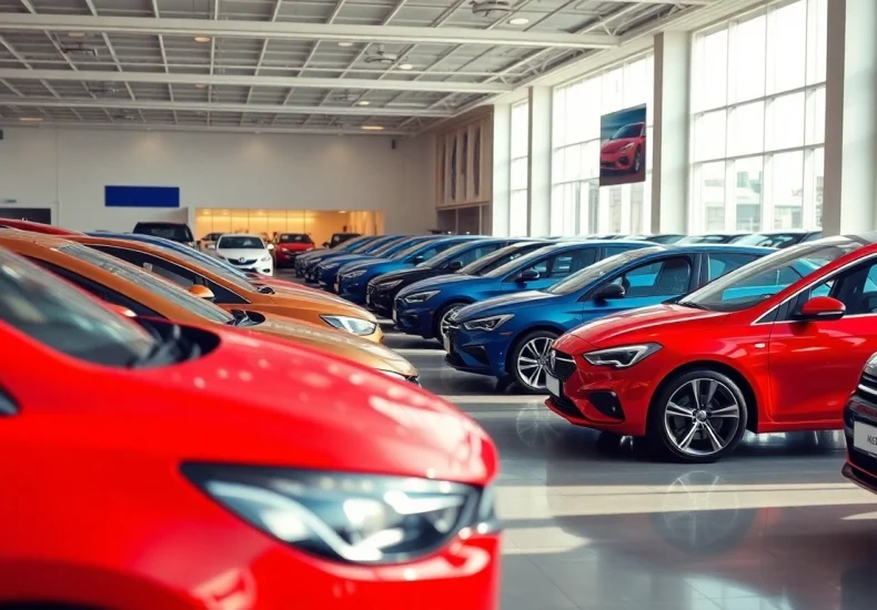 Buy a car in a vibrant showroom filled with new and used vehicles, showcasing an inviting scene.