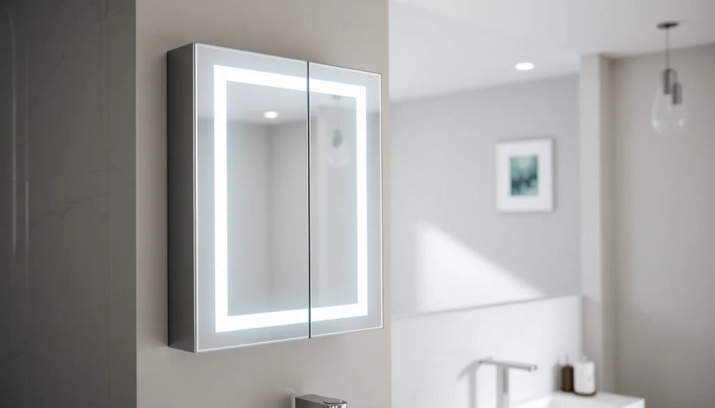 Sonni Spiegelschrank mit eleganter LED-Beleuchtung in modernem Badezimmer.