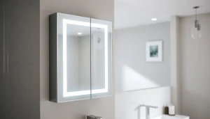 Sonni Spiegelschrank mit eleganter LED-Beleuchtung in modernem Badezimmer.