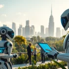 Technology showcased in a vibrant futuristic city with advanced robotics and digital interfaces.