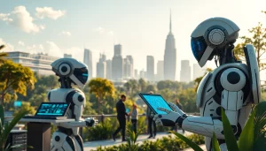 Technology showcased in a vibrant futuristic city with advanced robotics and digital interfaces.