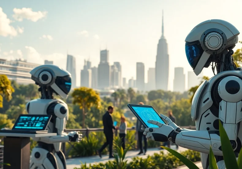 Technology showcased in a vibrant futuristic city with advanced robotics and digital interfaces.