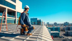 Showcasing advanced commercial roofing services with a contractor in front of modern buildings.