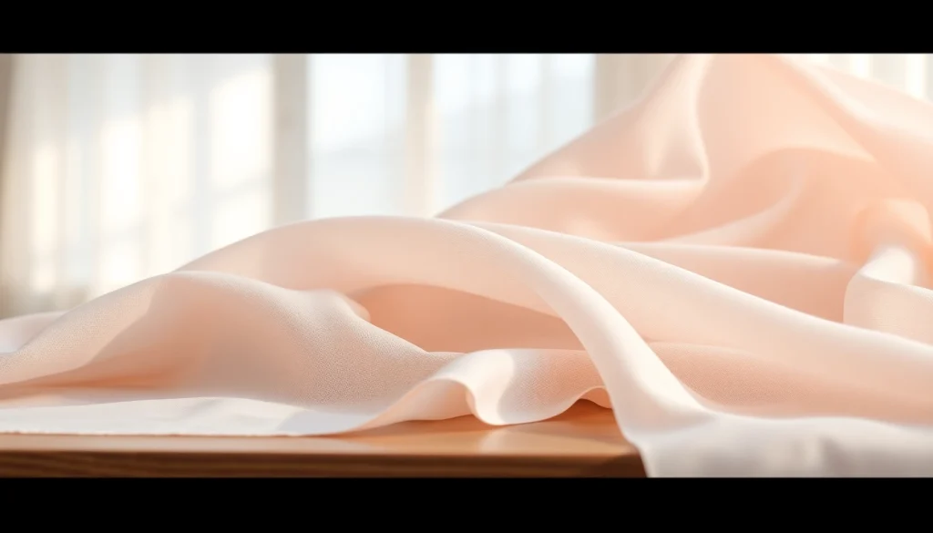 Bekijk mousseline stof met delicate texturen en zachte kleuren op een houten tafel.