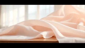 Bekijk mousseline stof met delicate texturen en zachte kleuren op een houten tafel.