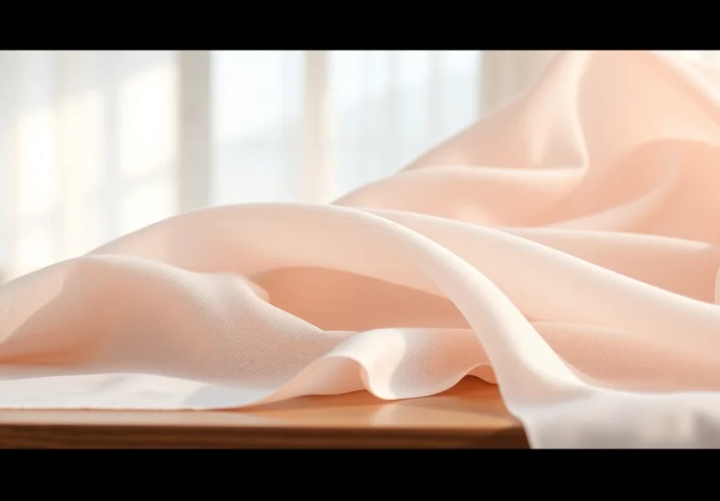 Bekijk mousseline stof met delicate texturen en zachte kleuren op een houten tafel.