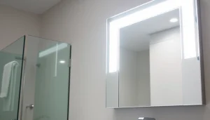 Strahlender spiegelschrank mit led Beleuchtung im modernen Badezimmer.