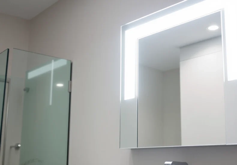 Strahlender spiegelschrank mit led Beleuchtung im modernen Badezimmer.