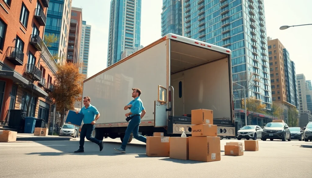 Efficient Toronto moving services in action with a moving truck and active team on a busy Toronto street.