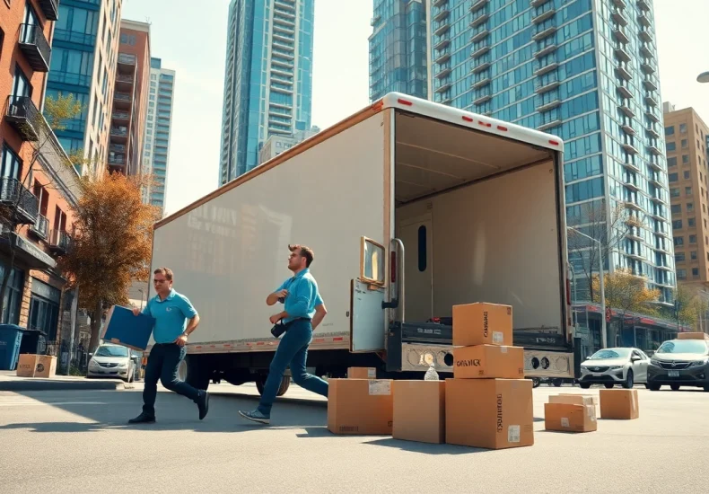 Efficient Toronto moving services in action with a moving truck and active team on a busy Toronto street.