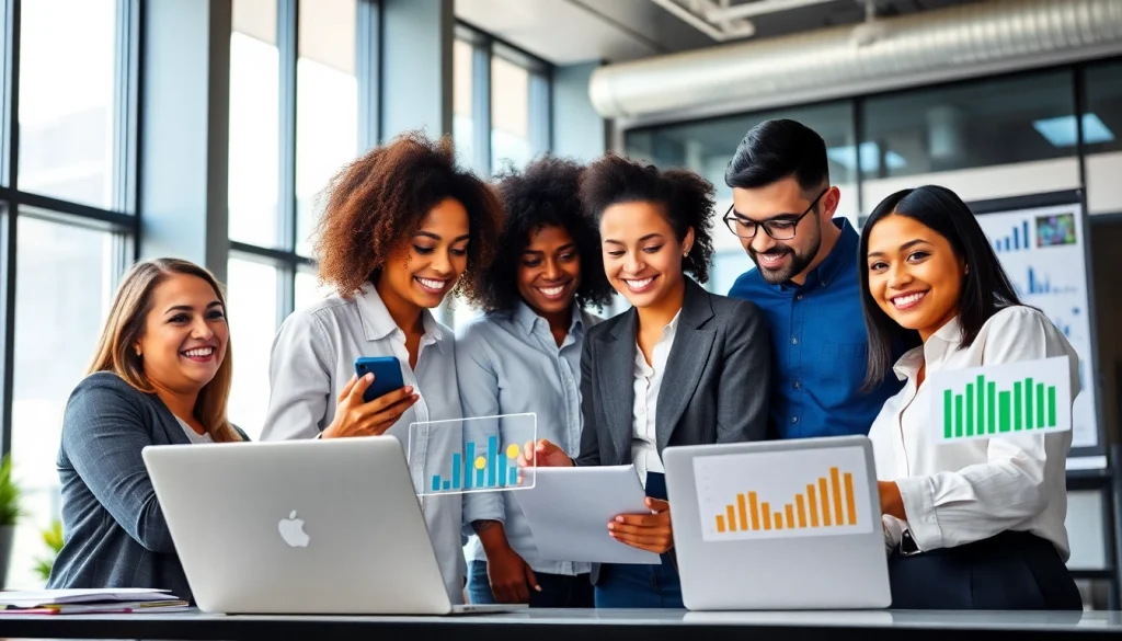 Showcasing smm services through a diverse team collaborating in a modern office space.