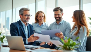 Engaging life insurance agent explains policy options to a couple in a bright office.