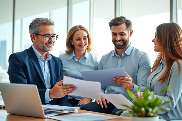 Engaging life insurance agent explains policy options to a couple in a bright office.