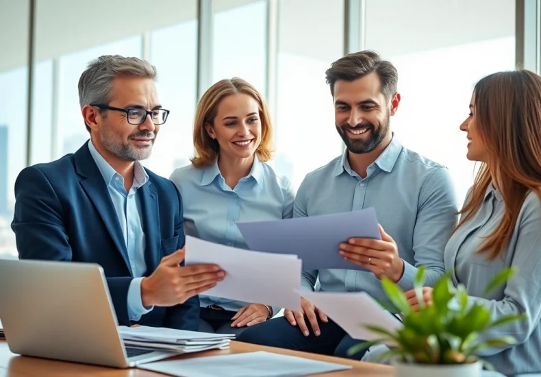 Engaging life insurance agent explains policy options to a couple in a bright office.