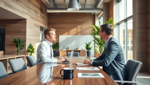 Real Estate agent advising clients in a sleek office environment, showcasing professional interactions.