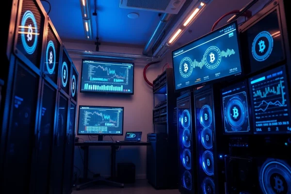 High-performance mining rigs in a modern workspace, representing the best crypto mining site.