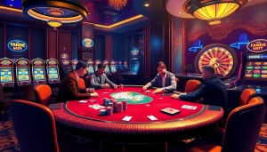 Exciting scene at ga6789 casino featuring a poker game and vibrant slot machines.