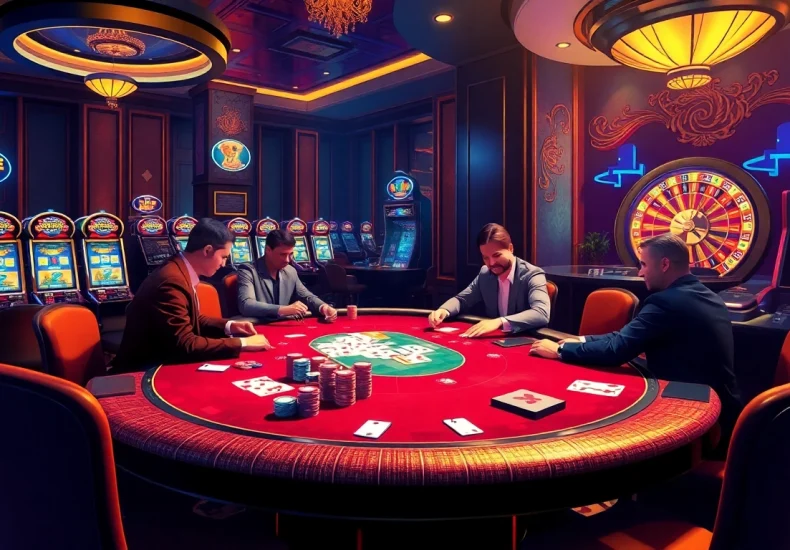 Exciting scene at ga6789 casino featuring a poker game and vibrant slot machines.