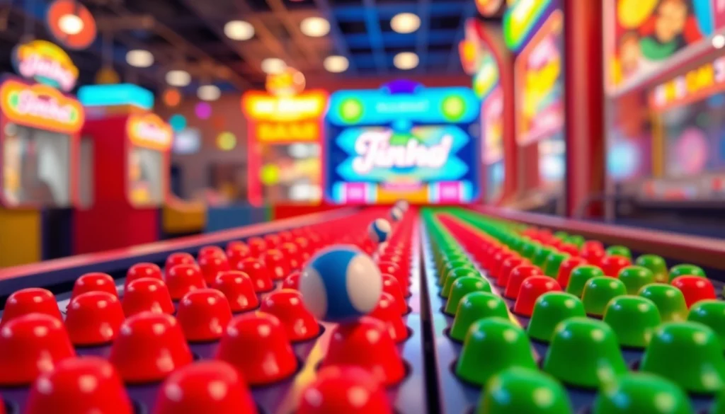 Permainan demo plinko yang mendebarkan dengan bola jatuh di antara pegangan berwarna.