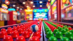 Permainan demo plinko yang mendebarkan dengan bola jatuh di antara pegangan berwarna.