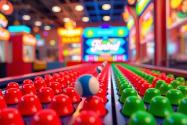 Permainan demo plinko yang mendebarkan dengan bola jatuh di antara pegangan berwarna.