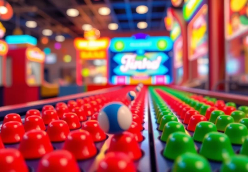 Permainan demo plinko yang mendebarkan dengan bola jatuh di antara pegangan berwarna.