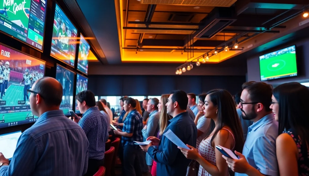 Engaged patrons enjoying sportsbooks in Texas in a lively sports bar atmosphere.