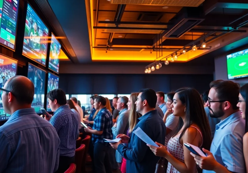 Engaged patrons enjoying sportsbooks in Texas in a lively sports bar atmosphere.