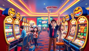 Situs kode4d vibrant gaming scene showcasing interactive slot machines and joyful players
