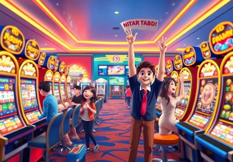 Situs kode4d vibrant gaming scene showcasing interactive slot machines and joyful players