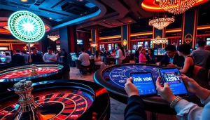 Players accessing ink vao 12bet through mobile devices in an exciting casino setting.